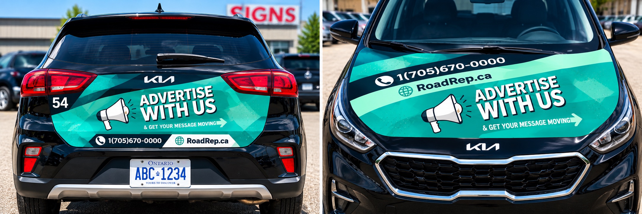 Rear and hood advertising wraps on a black SUV